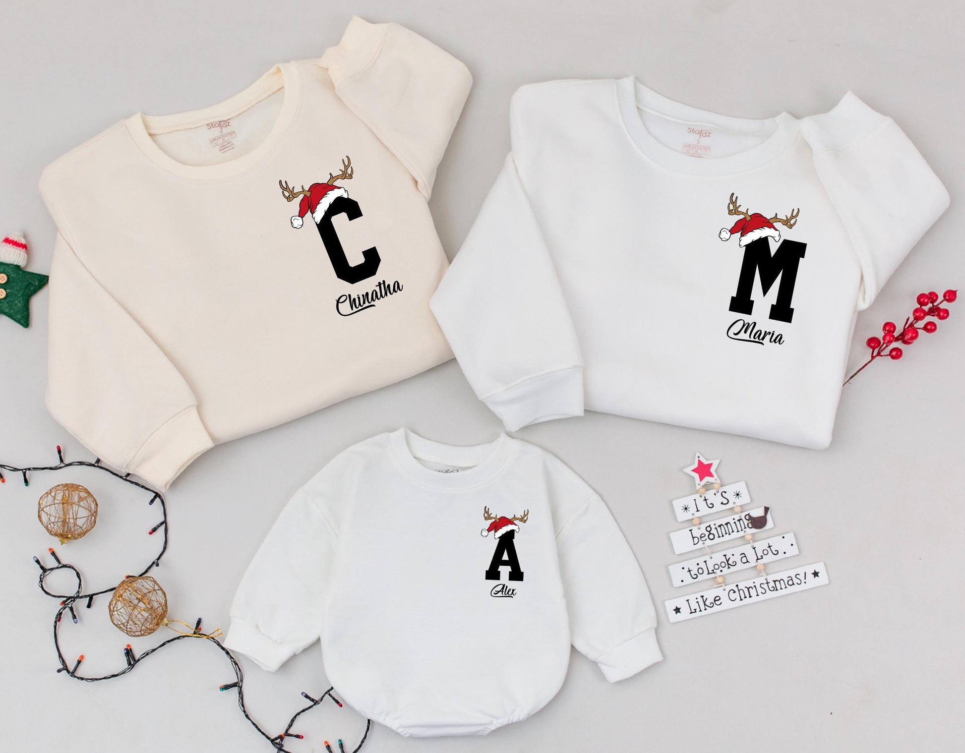 Custom Santa Hat Reindeer Letter & Name Family Matching Christmas Sweatshirt Holiday Gift