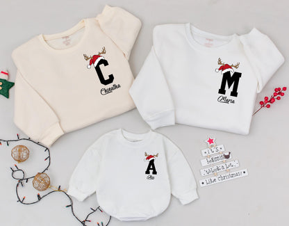 Custom Santa Hat Reindeer Letter & Name Family Matching Christmas Sweatshirt Holiday Gift