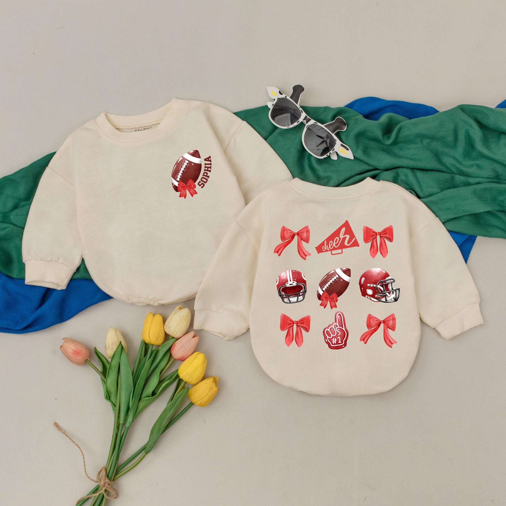 Sophia's Football Romper Personalized Baby Girl Gameday Outfit Red White Brown Retro Cheer Bubble Romper Custom Name Gift