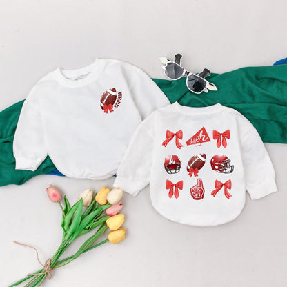 Sophia's Football Romper Personalized Baby Girl Gameday Outfit Red White Brown Retro Cheer Bubble Romper Custom Name Gift