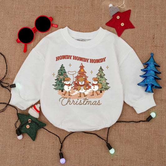 Cute Cowboy Western Christmas Baby Romper Snowman Howdy Christmas Outfit Newborn Infant Holiday Gift Warm Colors