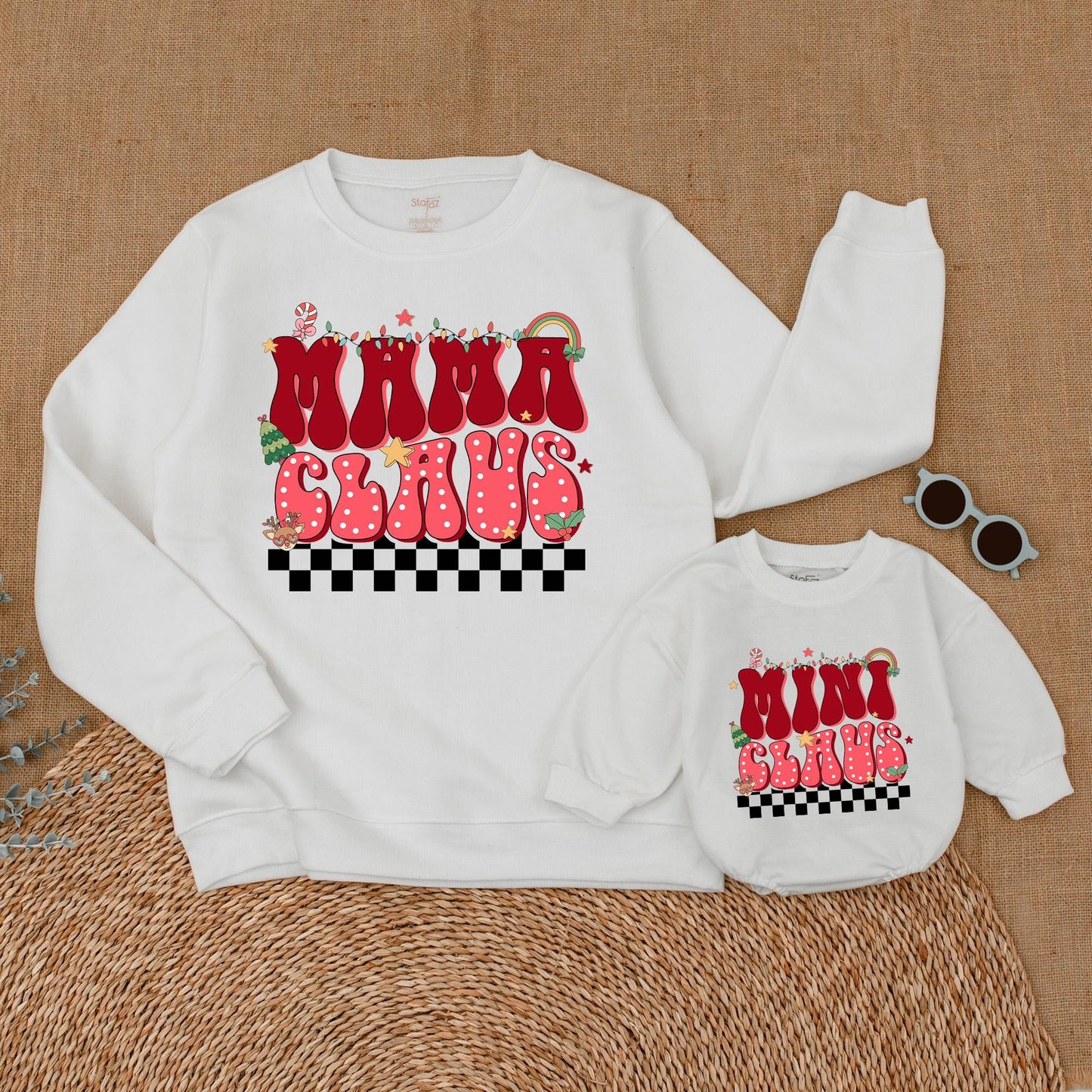 Retro Mama and Mini Claus Matching Sweatshirts, Black & White Checkered Bottom, Bubbly Font Christmas Family Sweaters Outfit, Soft Cotton, Vintage Style