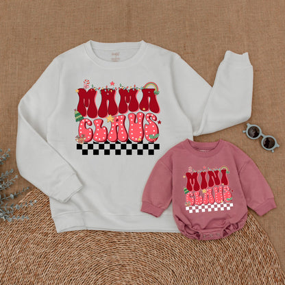 Retro Mama and Mini Claus Matching Sweatshirts, Black & White Checkered Bottom, Bubbly Font Christmas Family Sweaters Outfit, Soft Cotton, Vintage Style