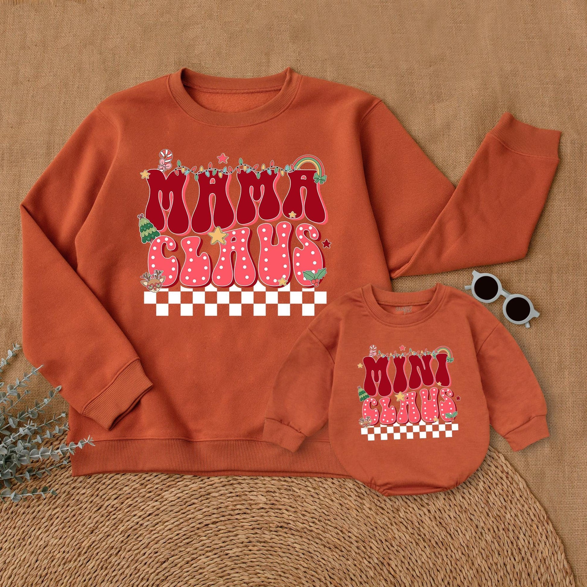 Retro Mama and Mini Claus Matching Sweatshirts, Black & White Checkered Bottom, Bubbly Font Christmas Family Sweaters Outfit, Soft Cotton, Vintage Style