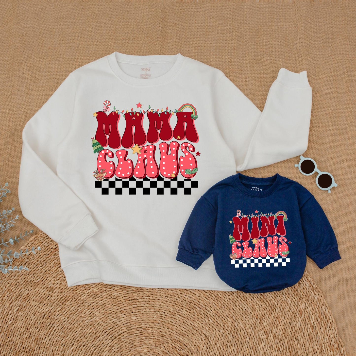 Retro Mama and Mini Claus Matching Sweatshirts, Black & White Checkered Bottom, Bubbly Font Christmas Family Sweaters Outfit, Soft Cotton, Vintage Style
