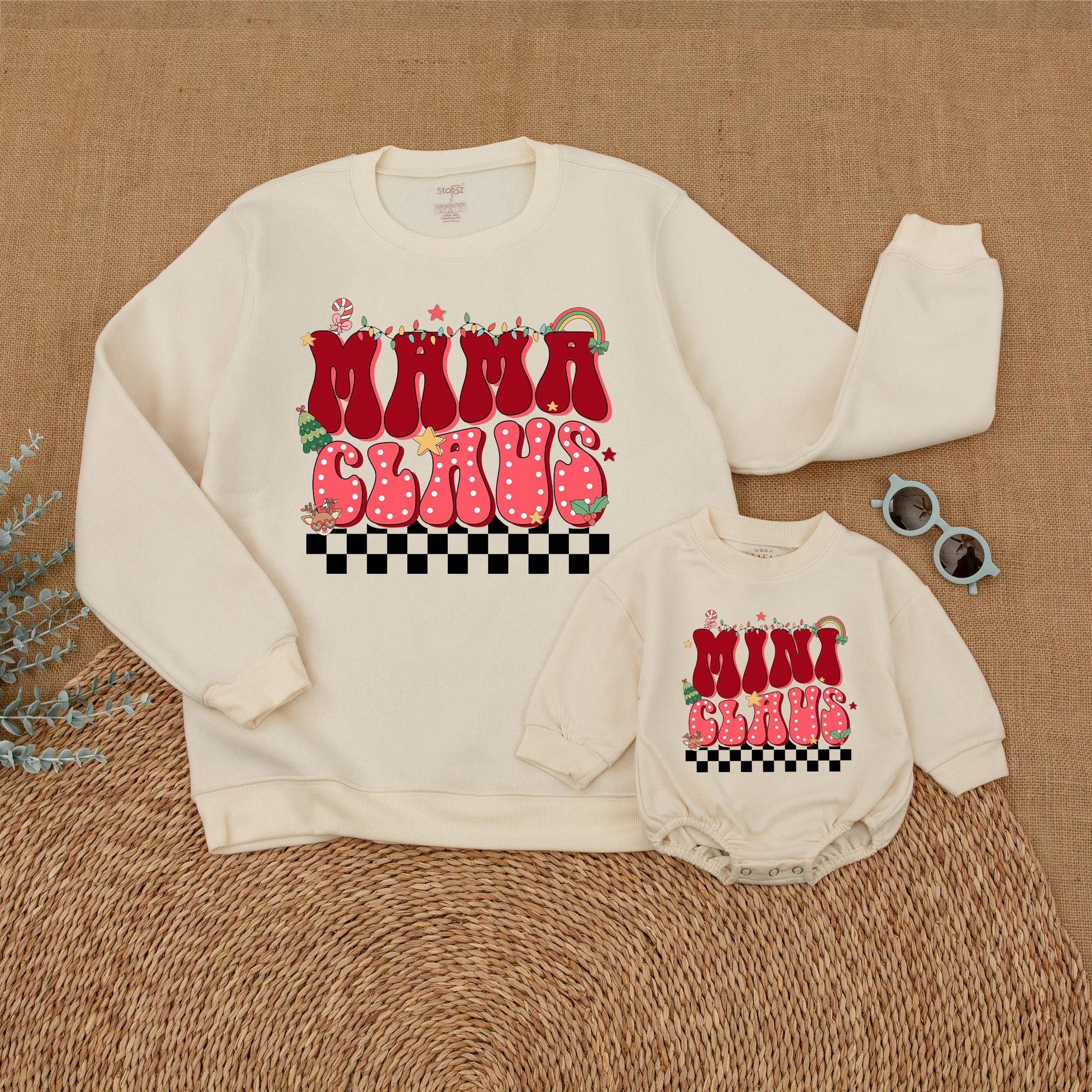 Retro Mama and Mini Claus Matching Sweatshirts, Black & White Checkered Bottom, Bubbly Font Christmas Family Sweaters Outfit, Soft Cotton, Vintage Style