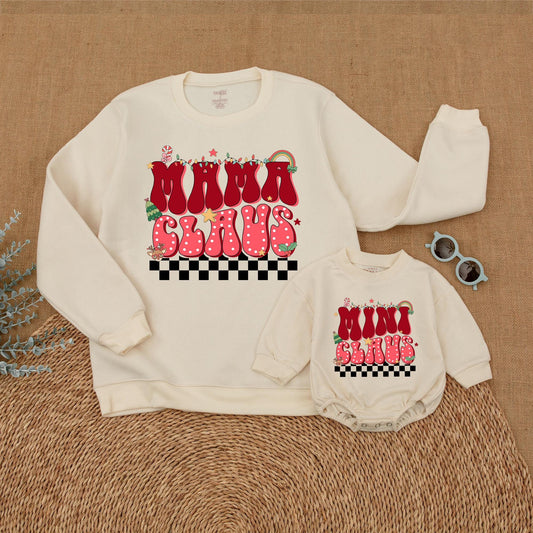 Retro Mama and Mini Claus Matching Sweatshirts, Black & White Checkered Bottom, Bubbly Font Christmas Family Sweaters Outfit, Soft Cotton, Vintage Style