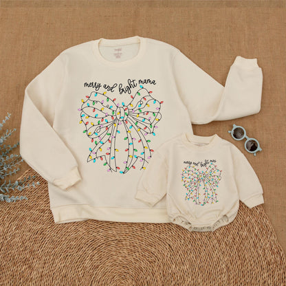 Christmas Merry & Bright Matching Family Sweatshirts Mama and Mini Holiday Outfits Red, Yellow, Blue, & Green Bow Design Mom & Daughter