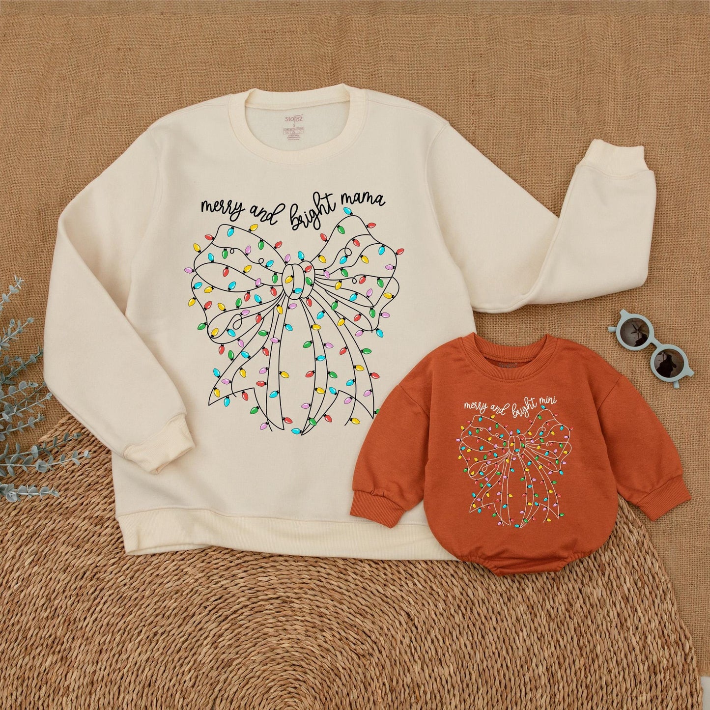 Christmas Merry & Bright Matching Family Sweatshirts Mama and Mini Holiday Outfits Red, Yellow, Blue, & Green Bow Design Mom & Daughter