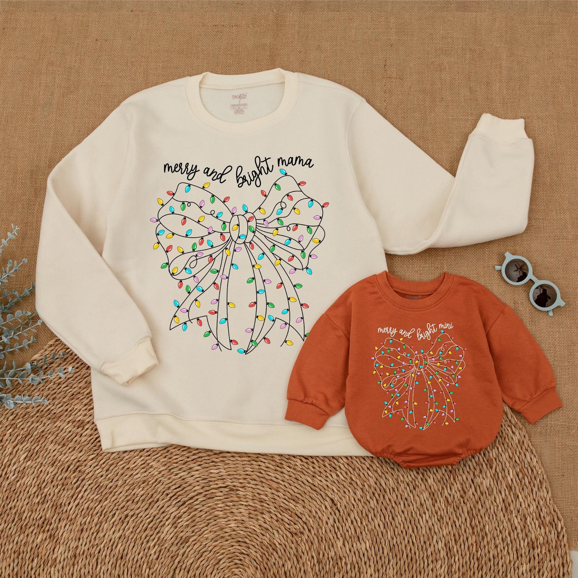 Christmas Merry & Bright Matching Family Sweatshirts Mama and Mini Holiday Outfits Red, Yellow, Blue, & Green Bow Design Mom & Daughter