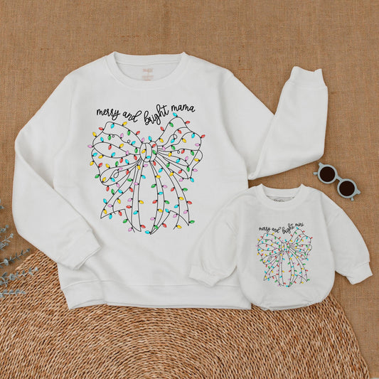Christmas Merry & Bright Matching Family Sweatshirts Mama and Mini Holiday Outfits Red, Yellow, Blue, & Green Bow Design Mom & Daughter