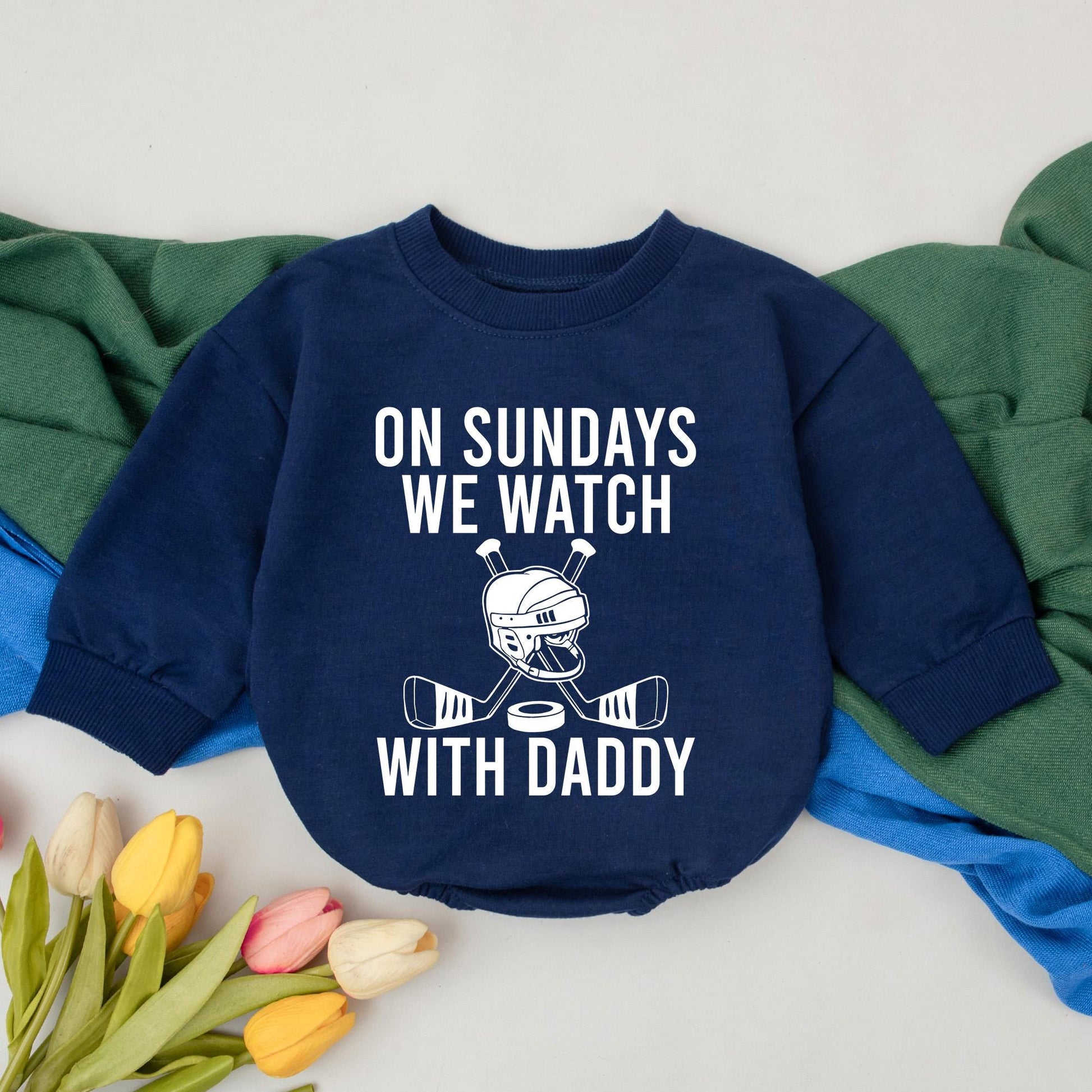 On Sundays We Watch Hockey With Daddy Romper Black Print Retro Sports Baby Bodysuit Game Day Dad's Buddy Gift