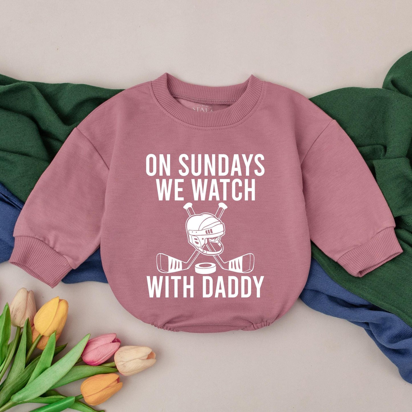 On Sundays We Watch Hockey With Daddy Romper Black Print Retro Sports Baby Bodysuit Game Day Dad's Buddy Gift