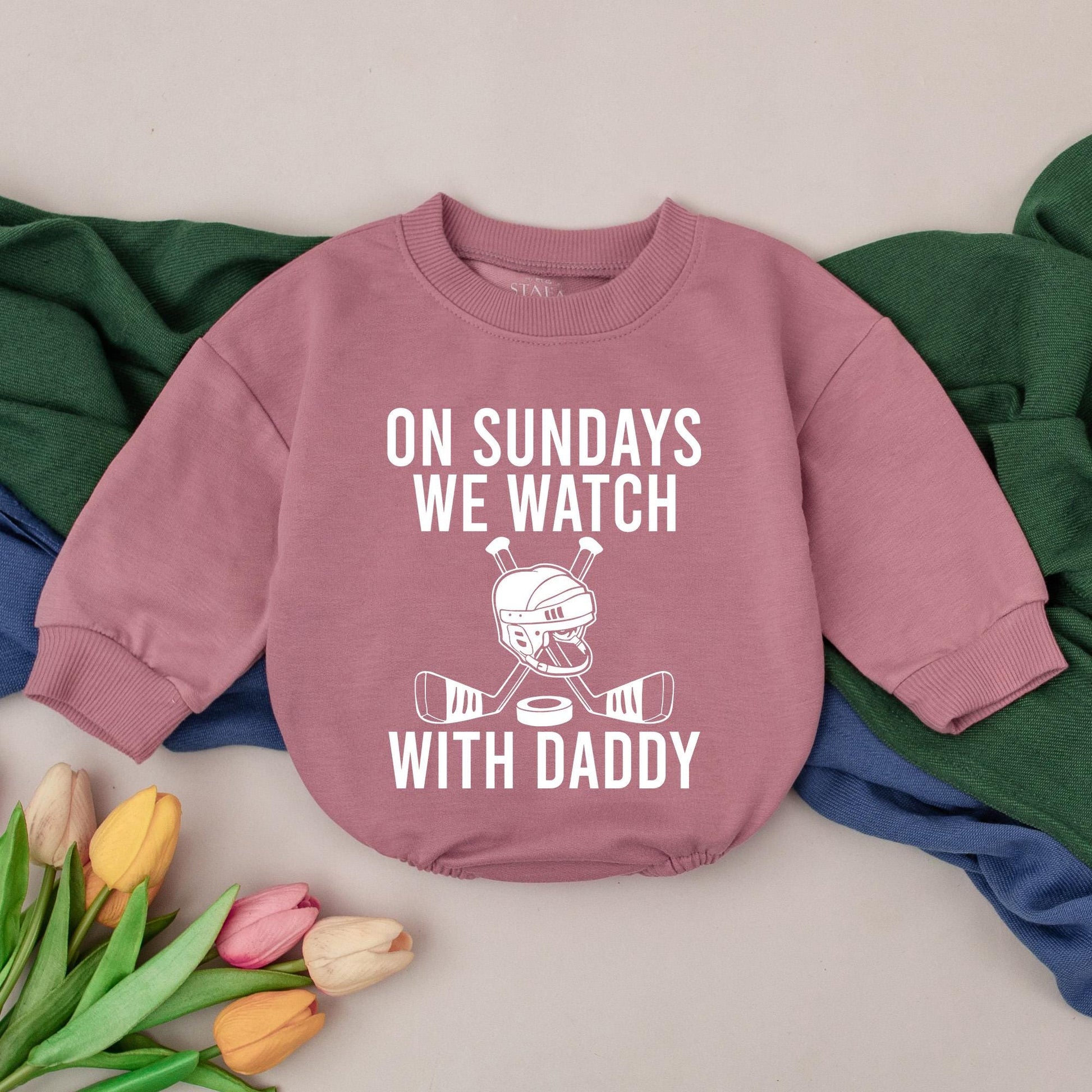 On Sundays We Watch Hockey With Daddy Romper Black Print Retro Sports Baby Bodysuit Game Day Dad's Buddy Gift