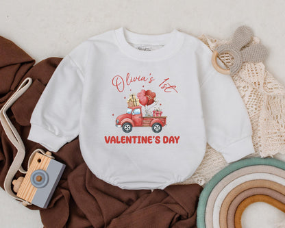 Olivia's 1st Valentine's Day Baby Romper Vintage Truck Gifts Heart Balloons Custom Name Newborn Outfit Baby Shower Gift Infant Clothes