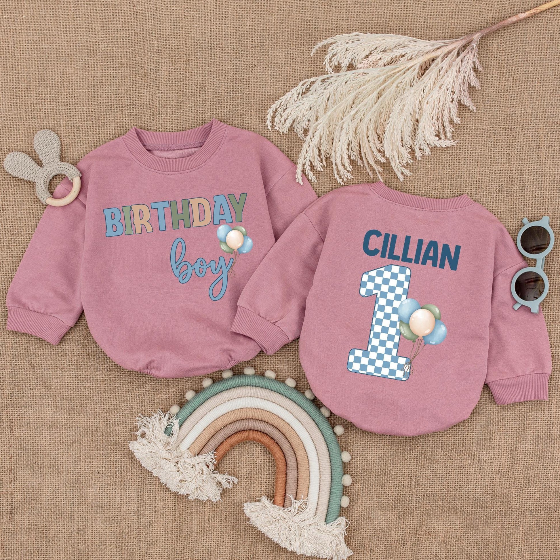 Personalized Blue Balloon Birthday Boy Bubble Romper for Baby Shower Gift or First Birthday Outfit