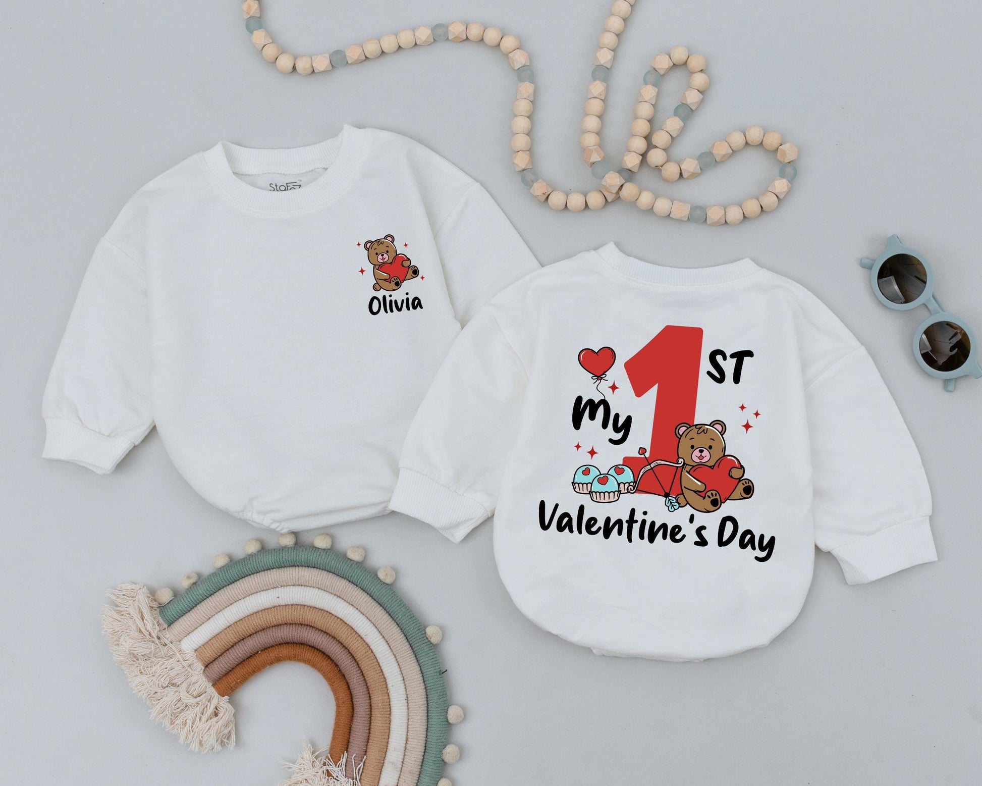 Custom Olivia Valentine's Day Romper for Baby Girl, Heart Teddy Bear & Name Newborn Outfit First Valentines Gift