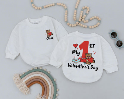 Custom Olivia Valentine's Day Romper for Baby Girl, Heart Teddy Bear & Name Newborn Outfit First Valentines Gift
