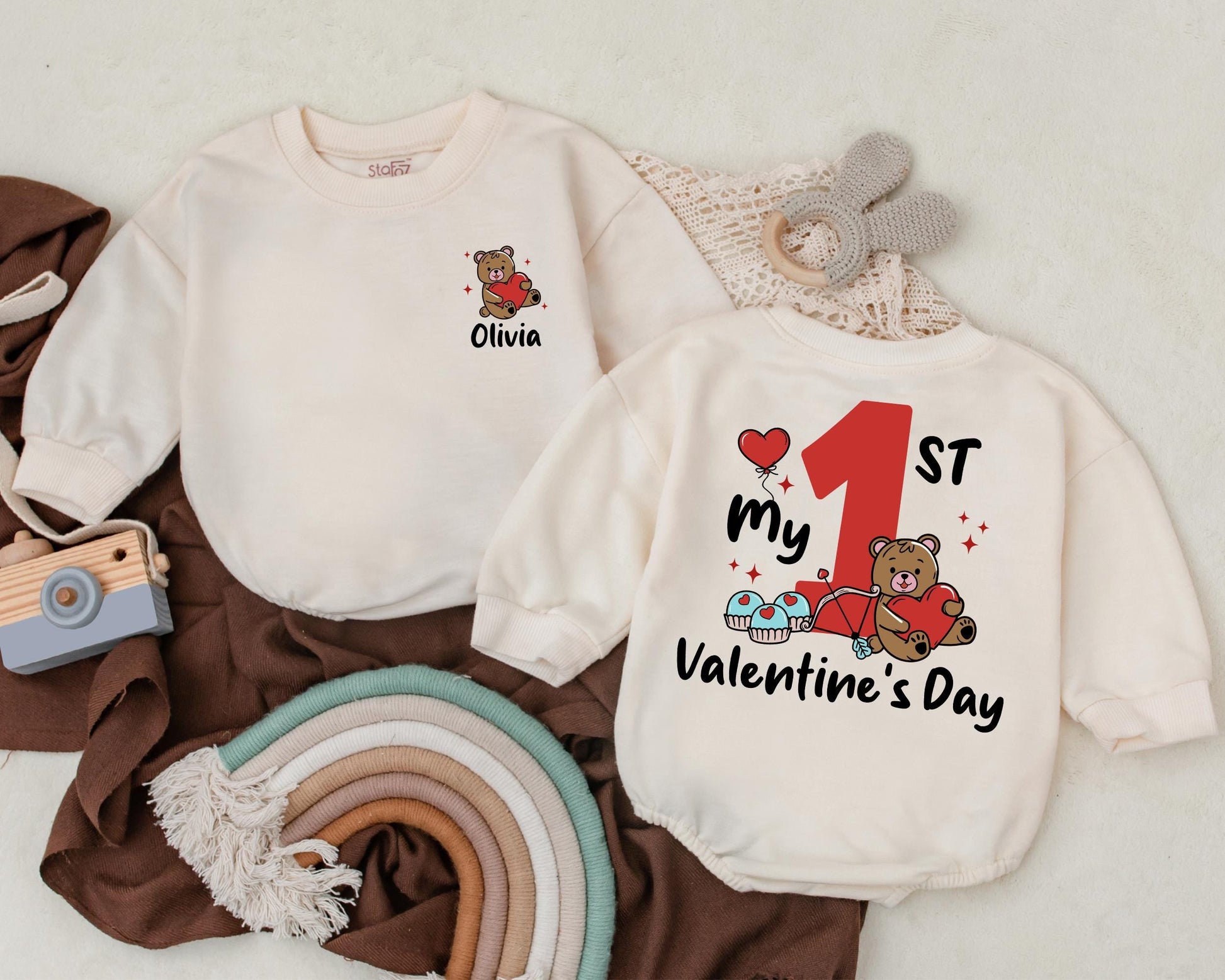 Custom Olivia Valentine's Day Romper for Baby Girl, Heart Teddy Bear & Name Newborn Outfit First Valentines Gift
