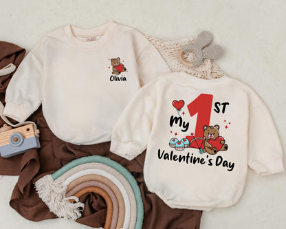Custom Olivia Valentine's Day Romper for Baby Girl, Heart Teddy Bear & Name Newborn Outfit First Valentines Gift
