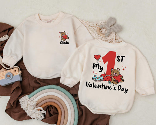 Custom Olivia Valentine's Day Romper for Baby Girl, Heart Teddy Bear & Name Newborn Outfit First Valentines Gift