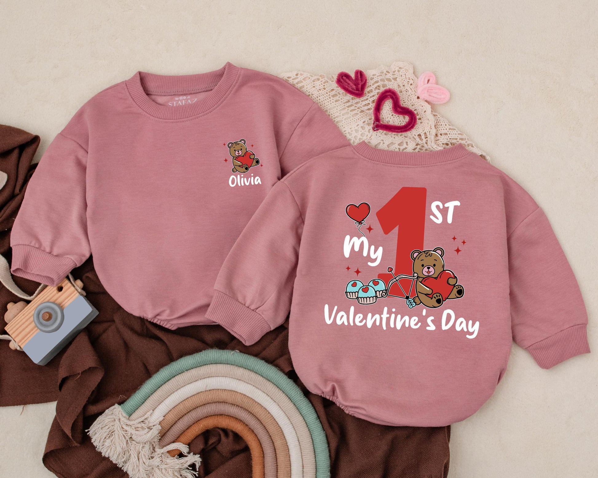 Custom Olivia Valentine's Day Romper for Baby Girl, Heart Teddy Bear & Name Newborn Outfit First Valentines Gift
