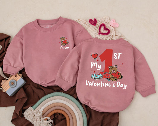 Custom Olivia Valentine's Day Romper for Baby Girl, Heart Teddy Bear & Name Newborn Outfit First Valentines Gift