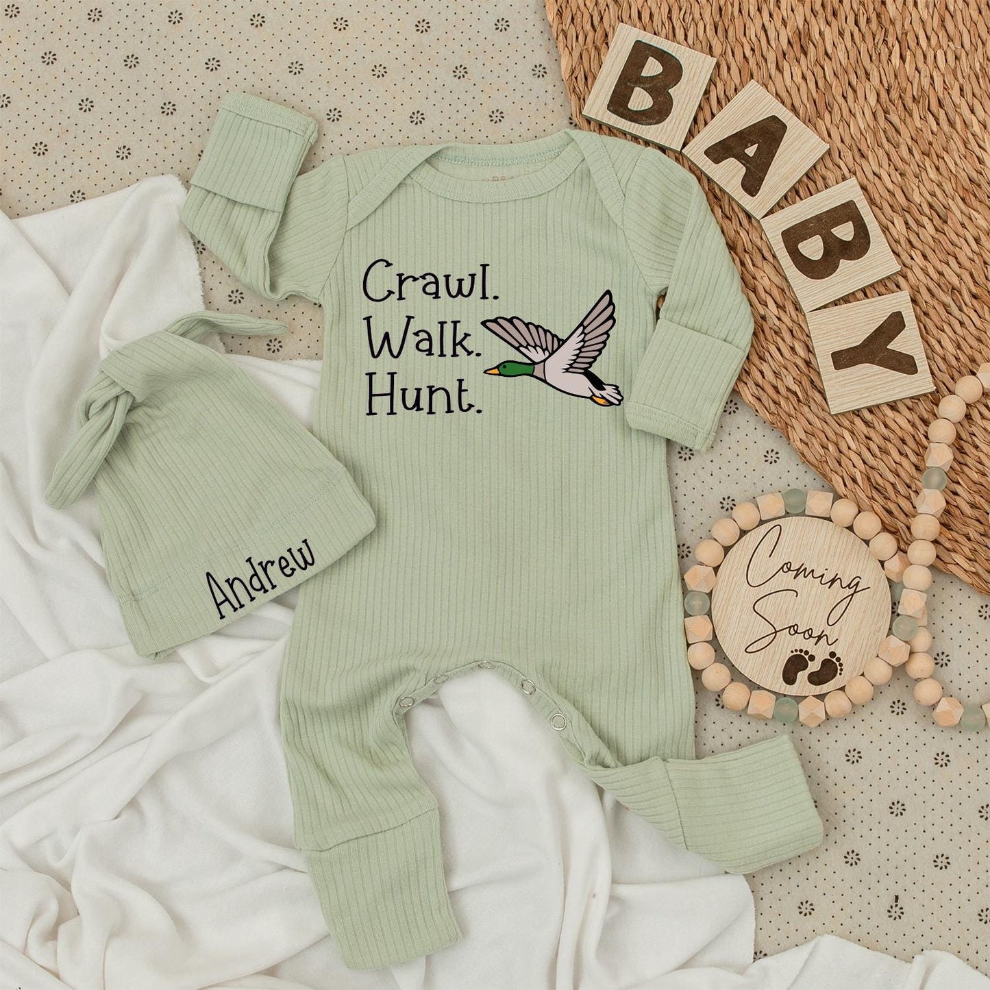 Personalized Crawl Walk Hunt Baby Bodysuit Hat Set with Flying Duck Design Cute Hunting Fishing Baby Outfit Newborn Announcement Gift