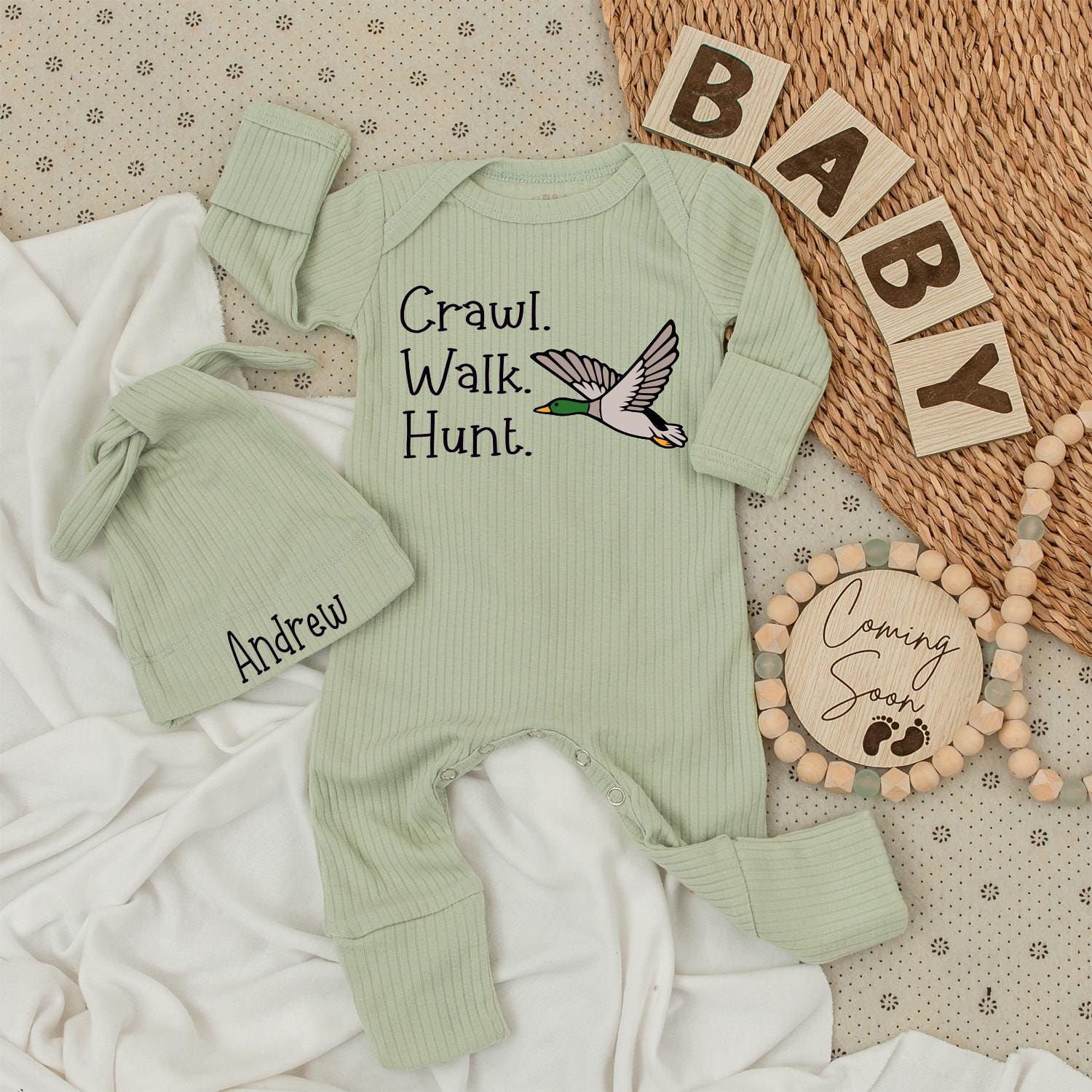 Personalized Crawl Walk Hunt Baby Bodysuit Hat Set with Flying Duck Design Cute Hunting Fishing Baby Outfit Newborn Announcement Gift