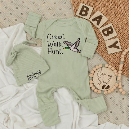 Personalized Crawl Walk Hunt Baby Bodysuit Hat Set with Flying Duck Design Cute Hunting Fishing Baby Outfit Newborn Announcement Gift