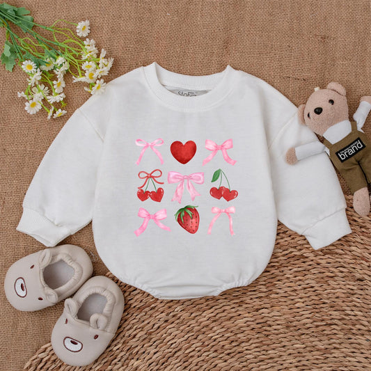 Valentine Coquette Heart Romper Sweatshirt Baby Girl Outfit, Valentine's Day Gift, Coquette Bows, Baby Shower Gifts, Newborn Clothes