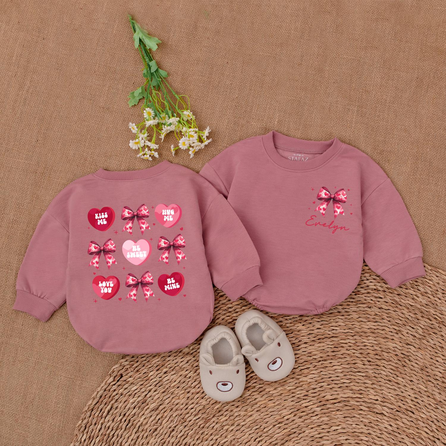 Valentine's Heart Bow Romper - Evelyn's Pink Hearts & Kiss Me Designs Baby Girl Valentine's Day Gift, Newborn Outfit, Baby Shower Gift