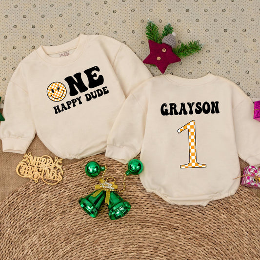 One Happy Dude Smiley Face Birthday Bodysuit Personalized Grayson Name First Birthday Outfit Baby Boy Clothes