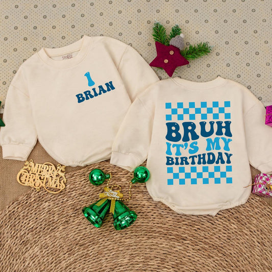Birthday Boy Personalized Romper Retro 'Bruh' Checkered First Birthday Outfit Long Sleeve Cotton Celebration Romper Baby Boy Gift One Year Old Clothes