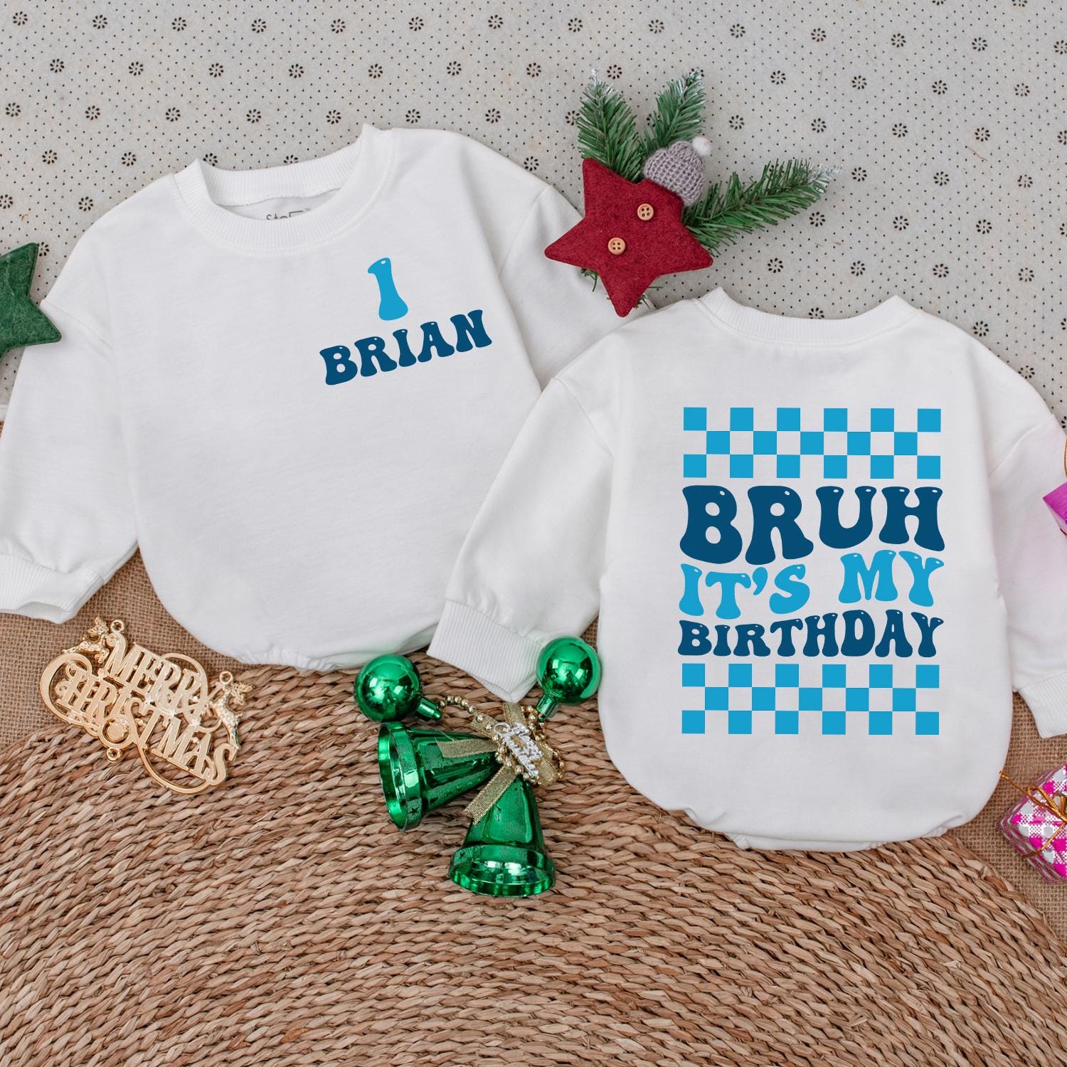 Birthday Boy Personalized Romper Retro 'Bruh' Checkered First Birthday Outfit Long Sleeve Cotton Celebration Romper Baby Boy Gift One Year Old Clothes