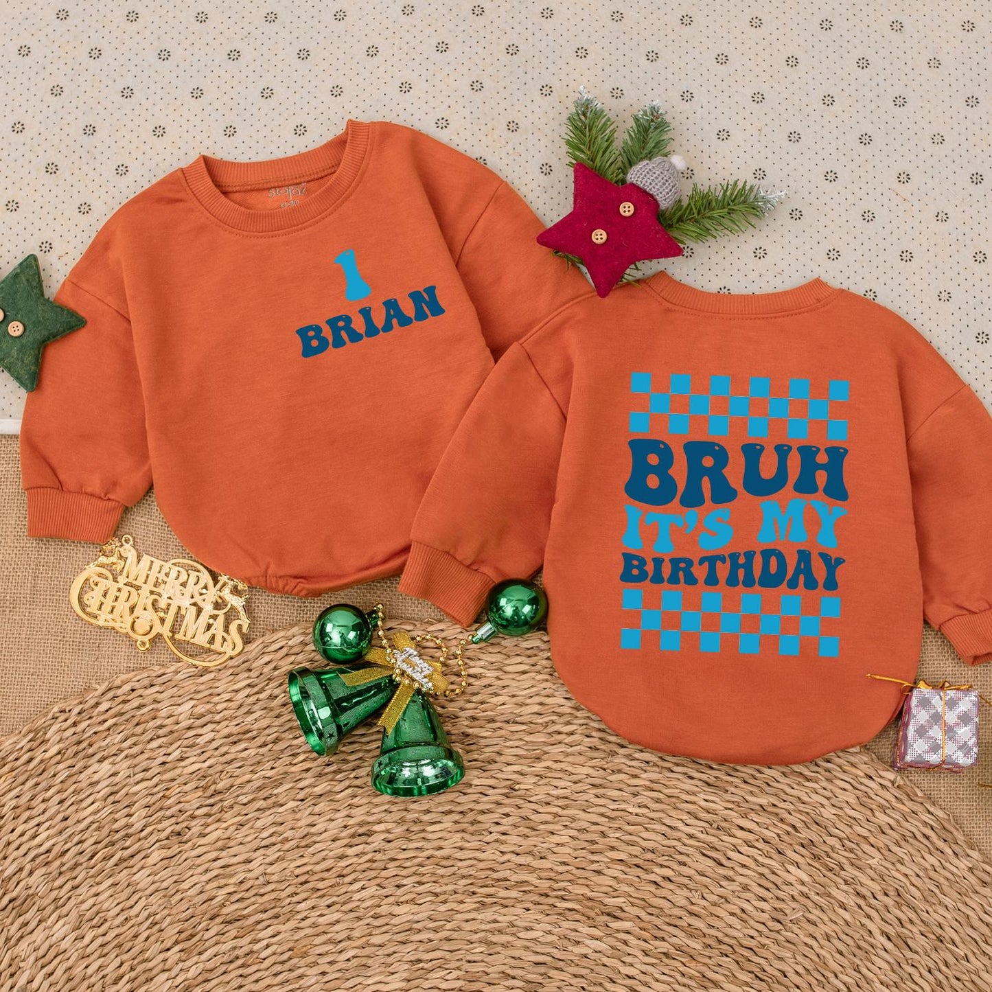 Birthday Boy Personalized Romper Retro 'Bruh' Checkered First Birthday Outfit Long Sleeve Cotton Celebration Romper Baby Boy Gift One Year Old Clothes
