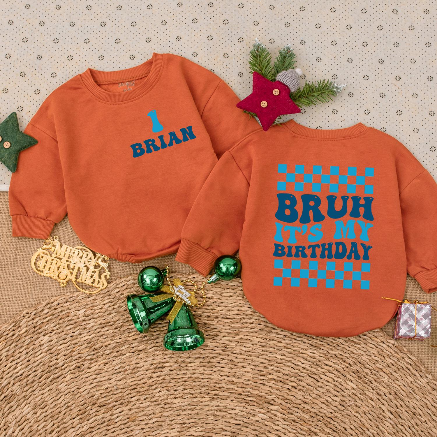 Birthday Boy Personalized Romper Retro 'Bruh' Checkered First Birthday Outfit Long Sleeve Cotton Celebration Romper Baby Boy Gift One Year Old Clothes