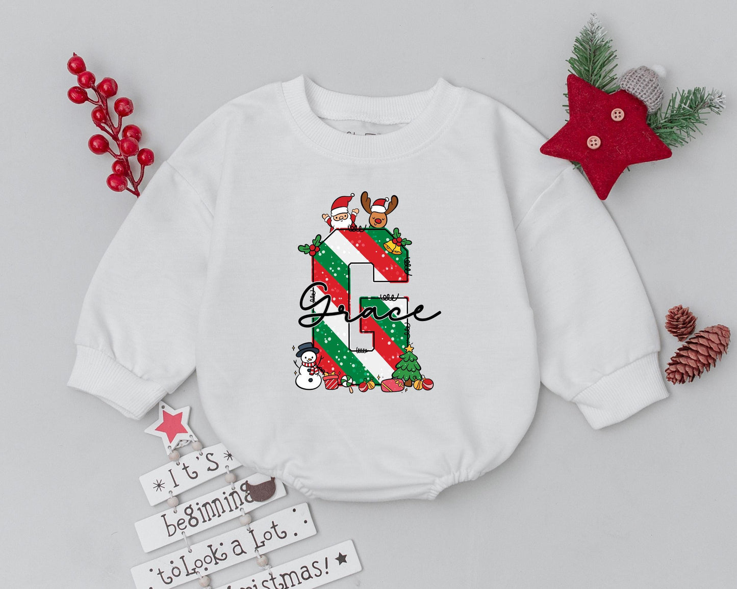 Grace's Festive First Christmas Romper with Santa Snowman Trees & Ornaments Personalized Name Baby Holiday Outfit