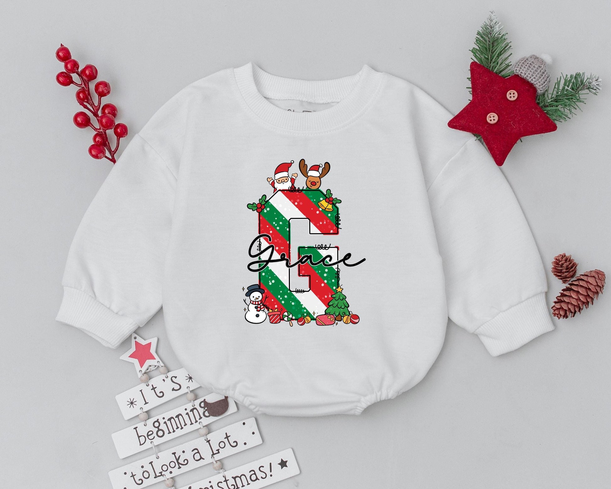Grace's Festive First Christmas Romper with Santa Snowman Trees & Ornaments Personalized Name Baby Holiday Outfit