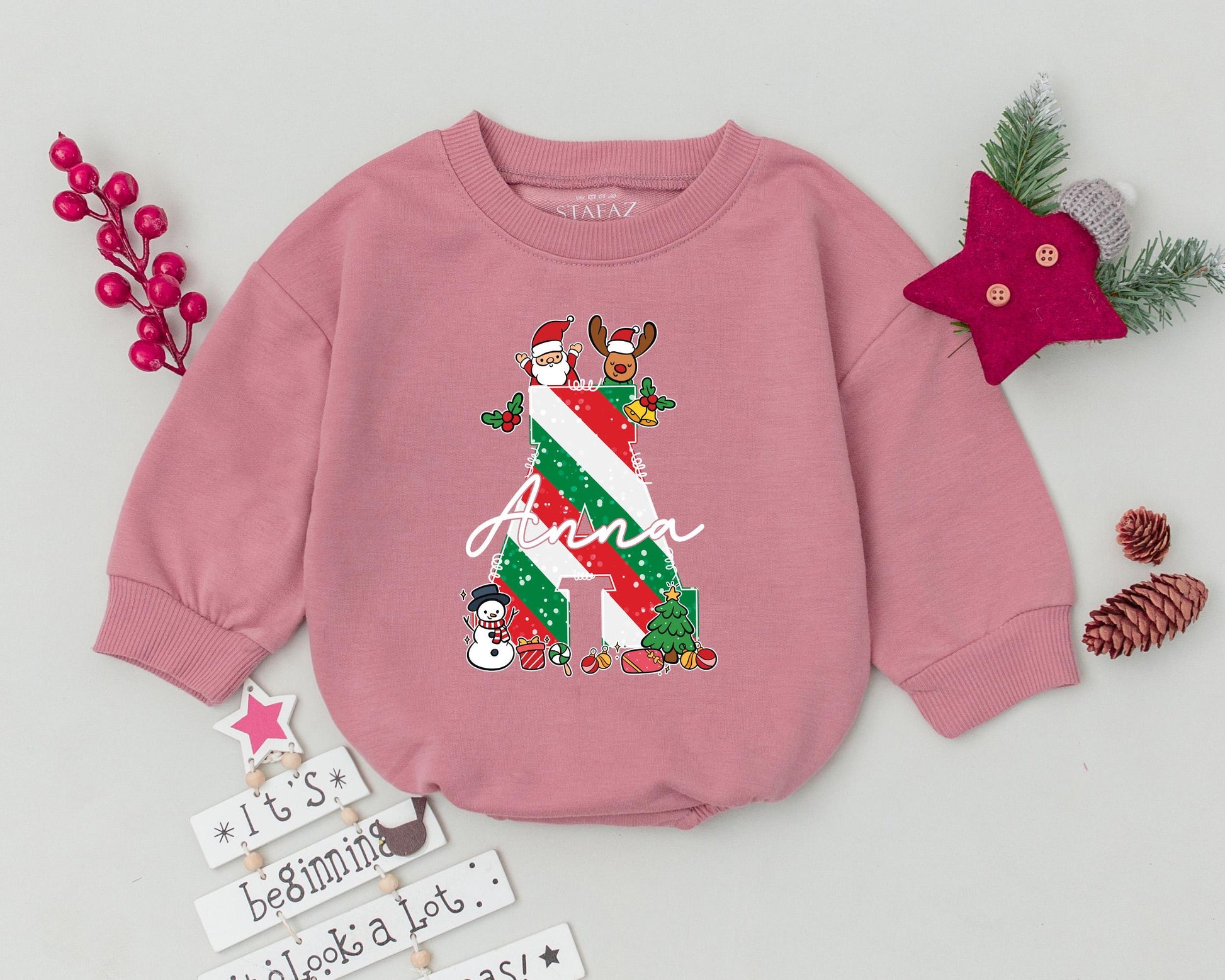 Grace's Festive First Christmas Romper with Santa Snowman Trees & Ornaments Personalized Name Baby Holiday Outfit
