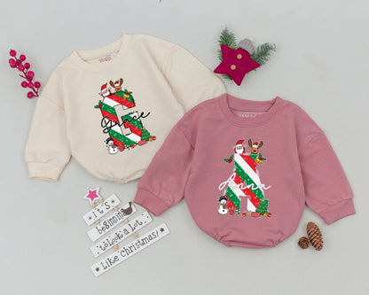 Grace's Festive First Christmas Romper with Santa Snowman Trees & Ornaments Personalized Name Baby Holiday Outfit