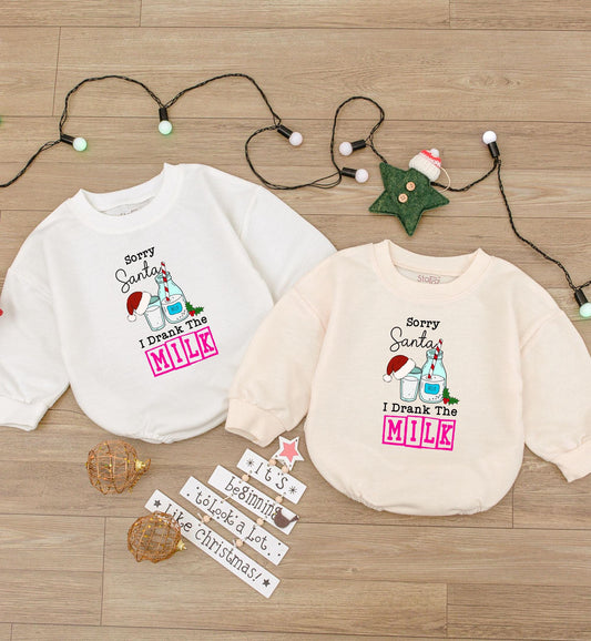 Sorry Santa I Drank The Milk Romper Whimsical Christmas Baby Outfit Long Sleeve Bodysuit Cozy Holiday Infant Clothes First Christmas Bodysuit 137