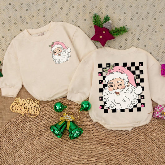 Pink Retro Santa Claus Baby Bodysuit Christmas Holiday Outfit with Holly Pink Hat Stars Flowers & Checkered Pattern Vintage Festive Romper