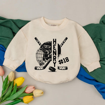 Personalized Hockey Baby Romper Black Helmet Sticks Puck Custom Name Number Sporty Game Day Infant Bodysuit Gift