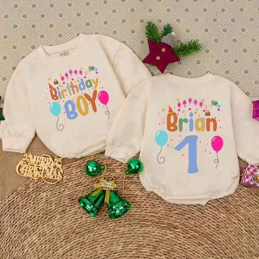 Personalized Brian First Birthday Boy Romper Colorful Balloons Stars Playful Festive Celebration Outfit Toddler Long Sleeve Cute Party Gift