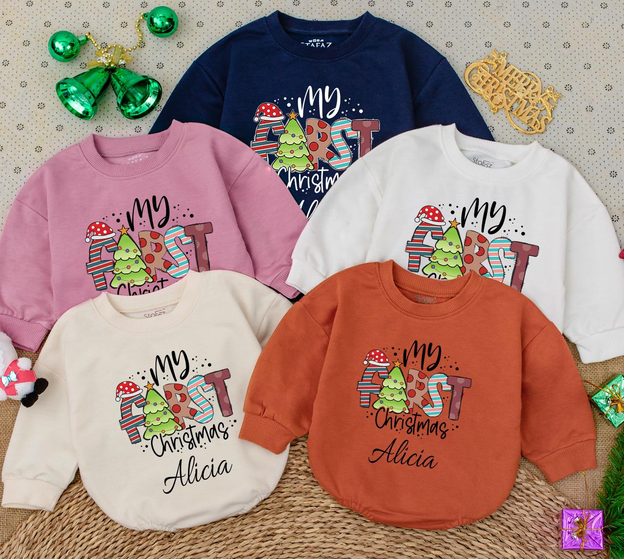Personalized My First Christmas Baby Sweatshirt Romper Custom Name Whimsical Striped Dot Newborn Winter Holiday Outfit