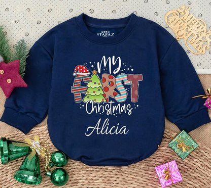Personalized My First Christmas Baby Sweatshirt Romper Custom Name Whimsical Striped Dot Newborn Winter Holiday Outfit
