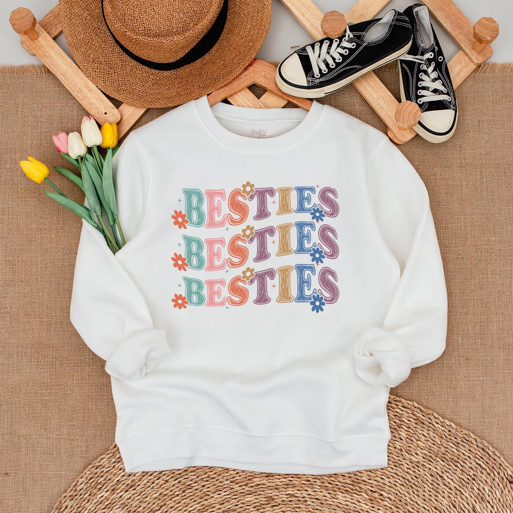 Retro Besties Sweatshirt Matching Baby Bodysuit Floral Playful Vibes Pink Orange Blue Purple Pastel Colors