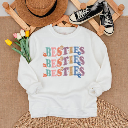 Retro Besties Sweatshirt Matching Baby Bodysuit Floral Playful Vibes Pink Orange Blue Purple Pastel Colors