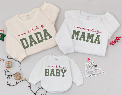 Matching Family Christmas Sweatshirts with Merry Mama Dada Baby Design Cozy Holiday Outfits Red Cursive Green Bold Font Comfortable Tops